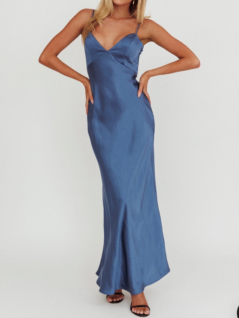 Satin Midnight Blue Slip Maxi Dress with Spaghetti Straps